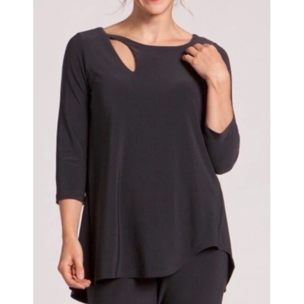 Sympli Fortune Black Liquid Jersey  Asymmetric‎ Hem Cut Out Tunic  Top Size 8